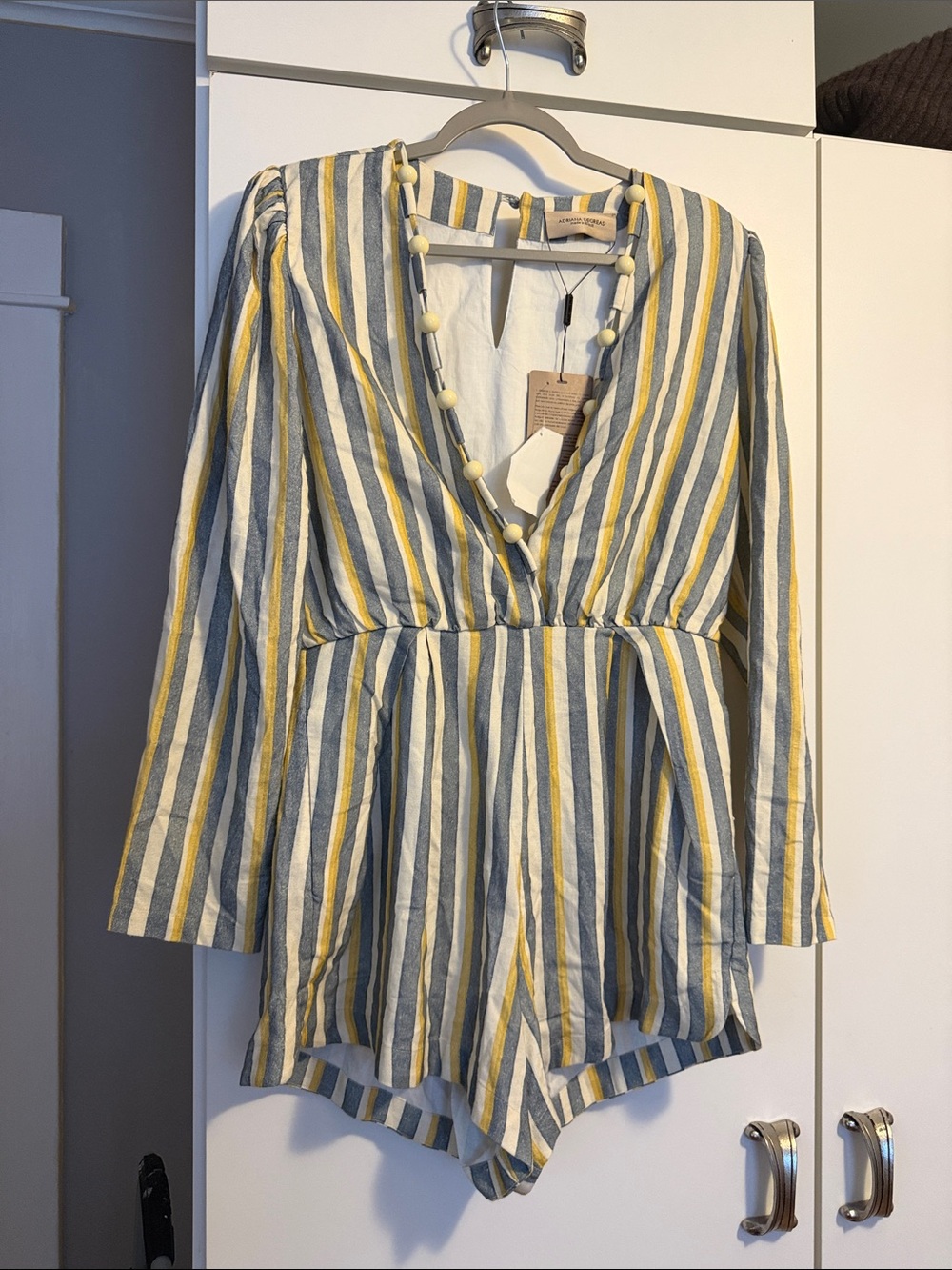 Striped V-Neck Romper in Yellow, Gray & White